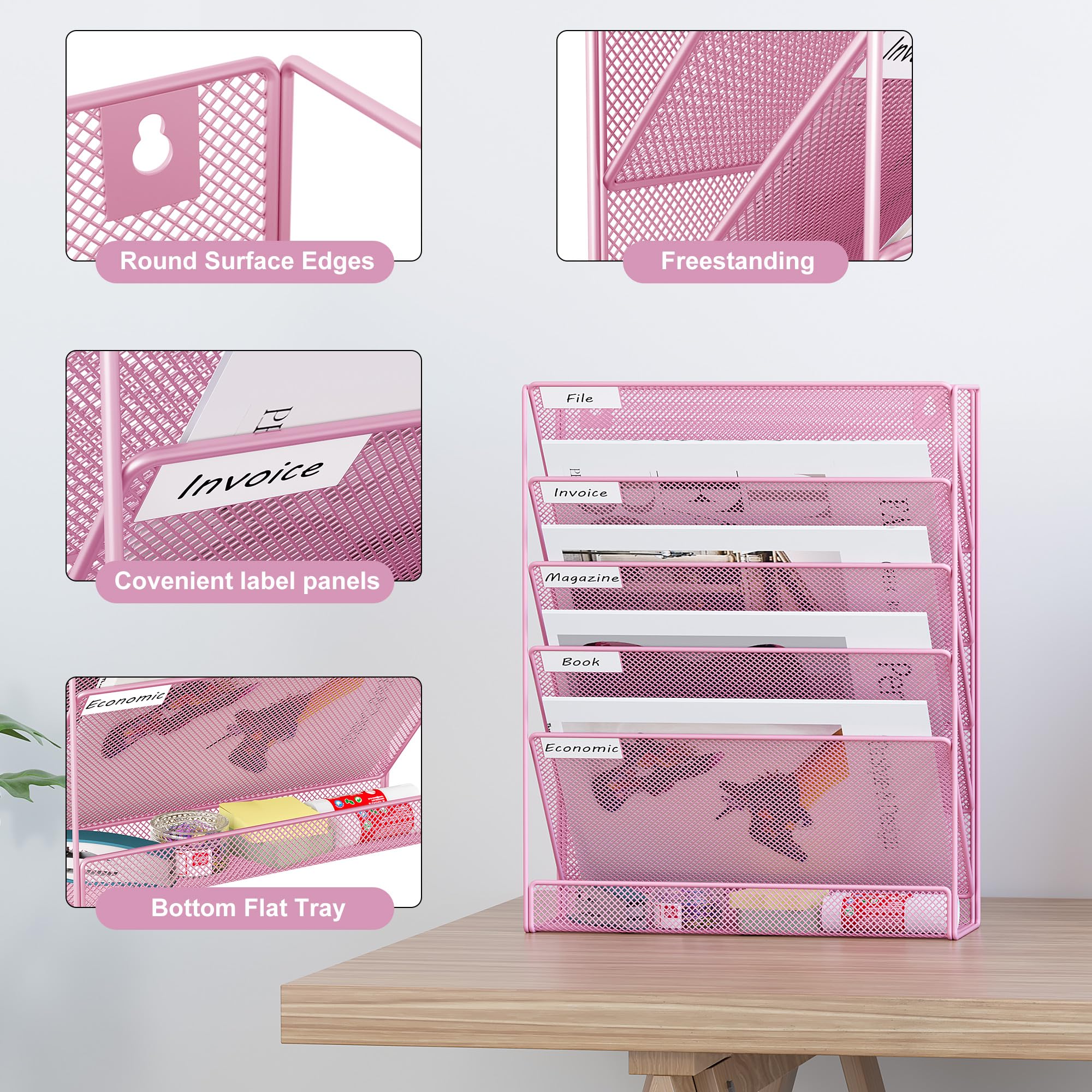 EasyPAG Organizer da ufficio a parete a 5 ripiani, verticale, con design a rete robusta, per scrivania o cubicolo, argento