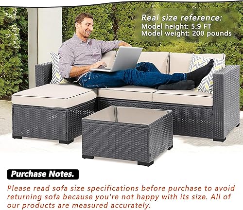 Miniatura 4 de Juego de muebles de patio de 3 piezas, sofá seccional para exteriores con cojines caqui lavables, juego de conversación de mimbre negro al aire