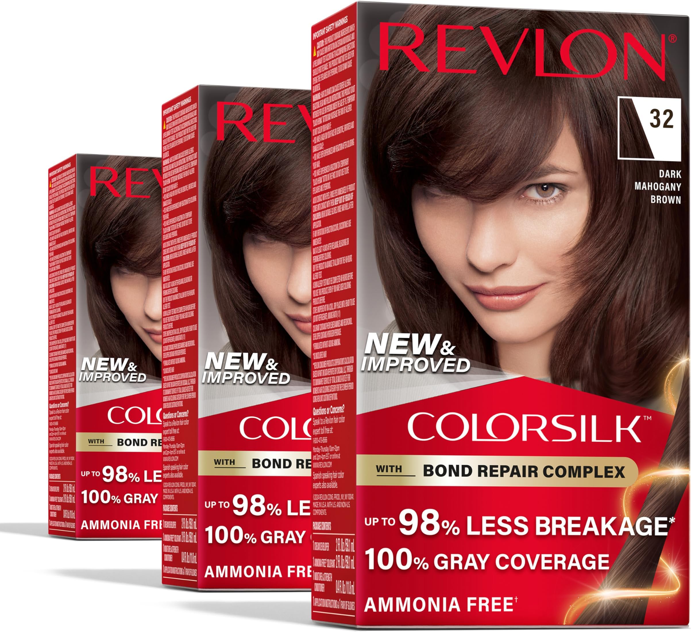 REVLONColorSilk with Bond Repair Complex, Brown Permanent Hair Color, 100% Gray Coverage, Ammonia Free Hair Dye, Vegan Keratin, 32 Dark Mahogany Brown (Pack of 3)
