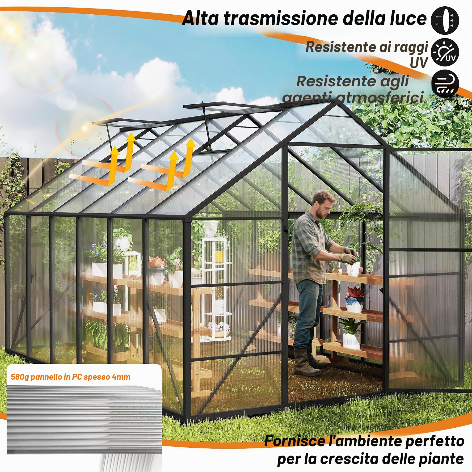 NAIZY, serra da giardino 380x250x205 cm con ancoraggio a terra e pellicola di base da 6 cm, serra in policarbonato da 580 g e 4 mm con struttura in alluminio, serra per pomodori e coltivazione