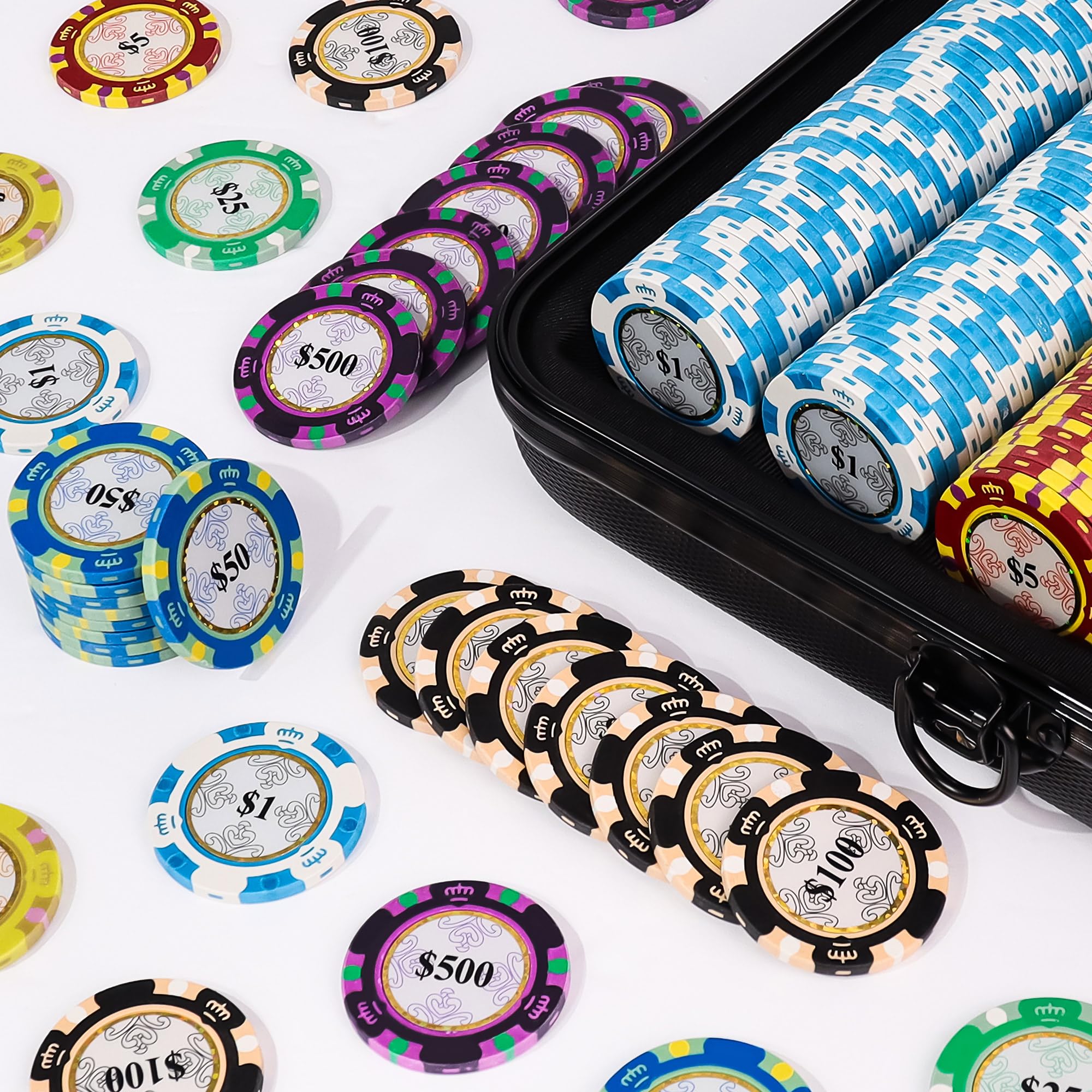 Poker Chip Set - Casino Grade 13.5g Poker Chips, 7 Color Chip Denomination - 2 Decks of Cards, Dice, Dealer Button 13.5g Clay Monte Carlo Poker Chips Set