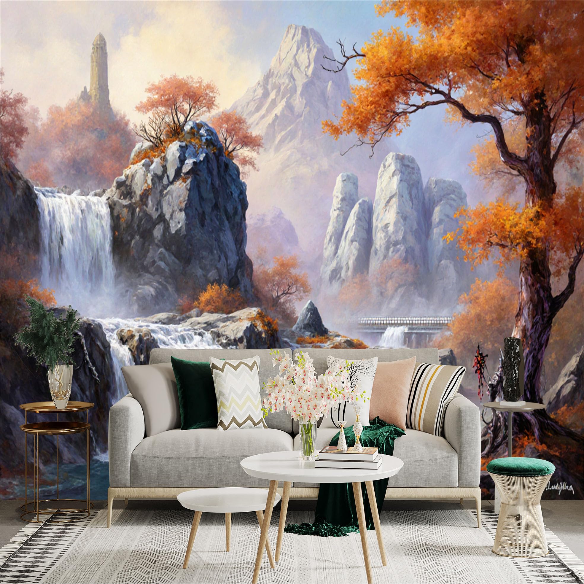 Lnzczhyre Xc260505517 Custom Size Wall Sticker Mural， Autumn Landscape With Waterfall， Misty Mountains And Golden Trees， For Wall Decoration， Peelandstick Wall Decals.
