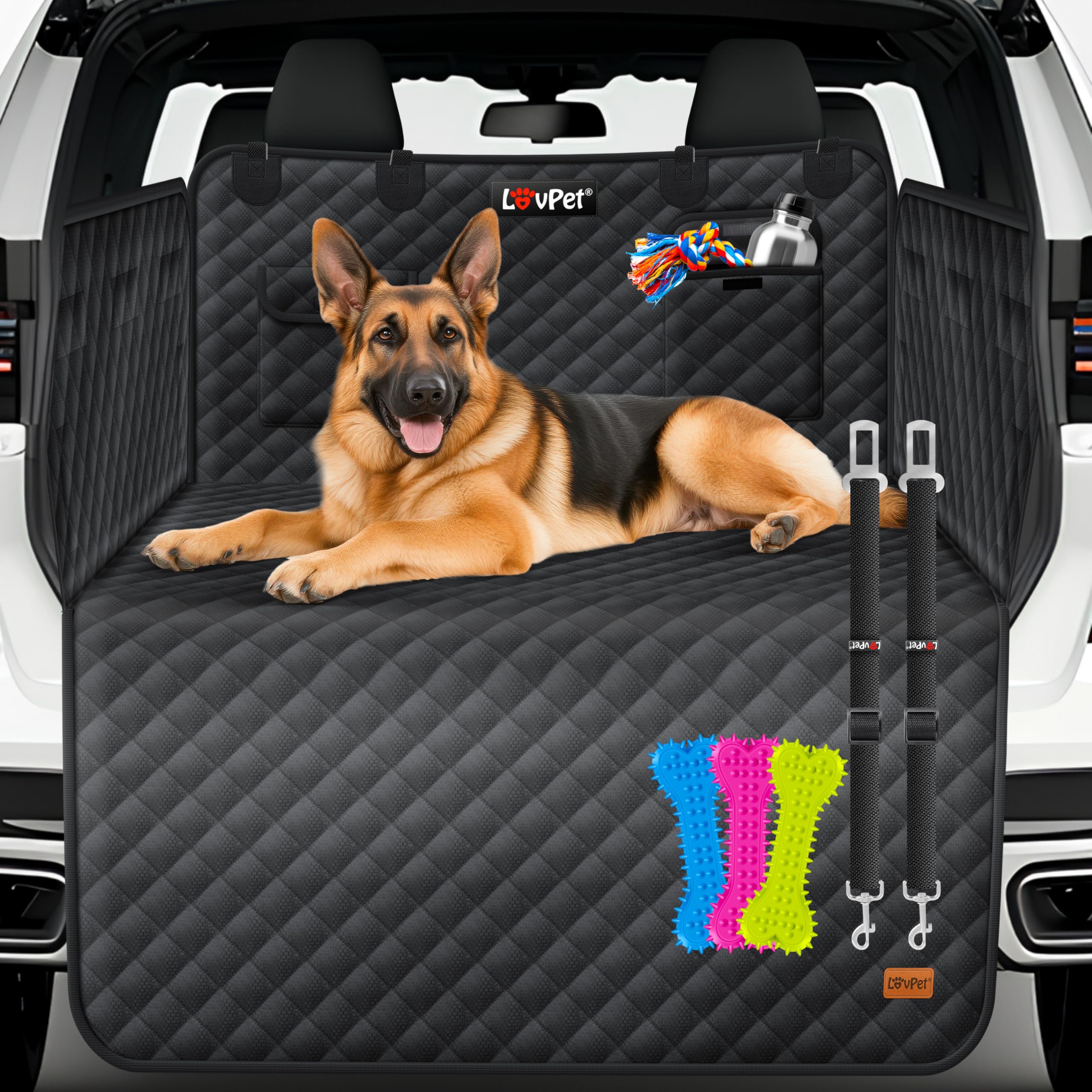 Lovpet® Protezione del bagagliaio dell'auto per cani trapuntata con cintura di sicurezza, con protezione laterale e del bordo di carico | Tappetino universale di protezione del bagagliaio dell'auto