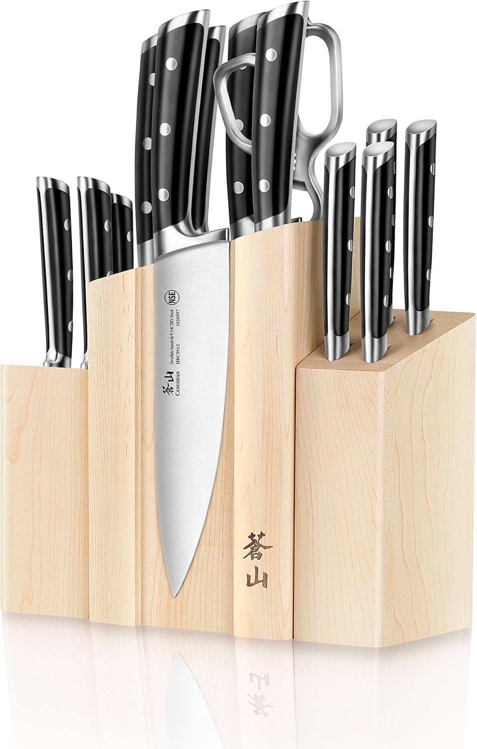 Cangshan TS Series 1021431 Swedish 14C28N Steel Forged DENALI Magnetic Knife Block Set, Maple
