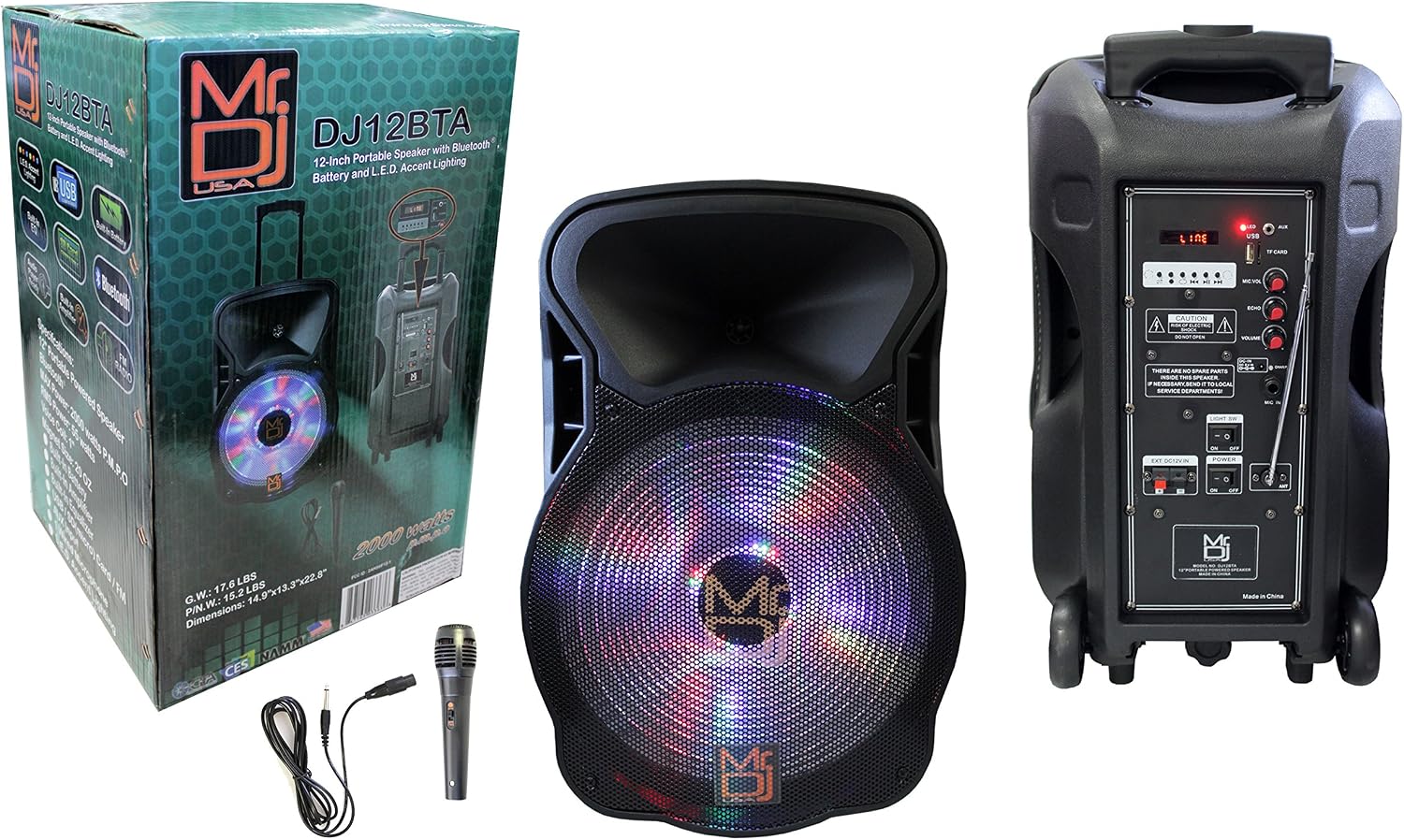 Mr. Dj DJ15BAT 15" 3000W Max Power Speaker with Built-In Bluetooth & Battery LCD/MP3/USB/MICRO SD