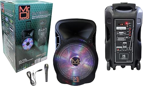 Mr. Dj DJ12BAT Altavoz de potencia máxima de 12 pulgadas y 2000 W con Bluetooth y batería incorporados, 1 pulgada LCDMP3USBMicro SD