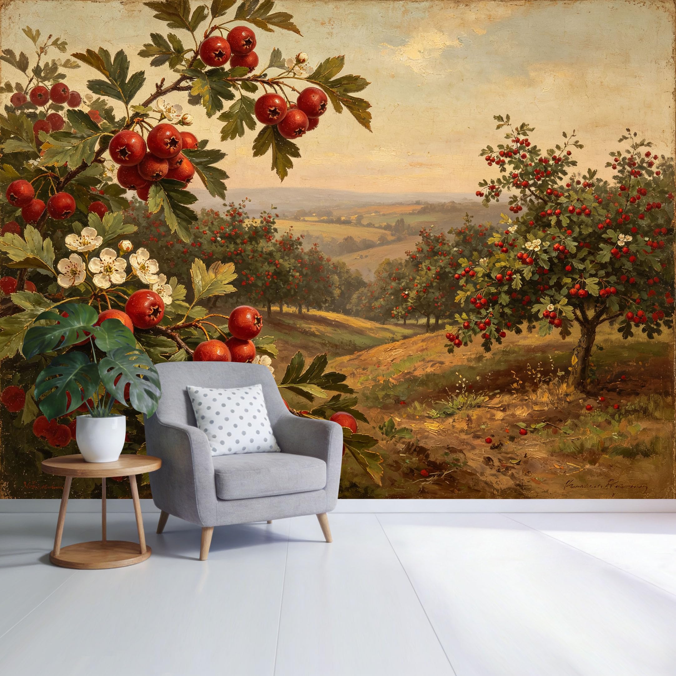 Custom Size Wall Mural Autumn Orchard Landscape Red Berry Tree Painting Botanical Countryside Oil Painting Style SelfAdhesive Wall Fabric Removable Wallpaper for Home Office Decor