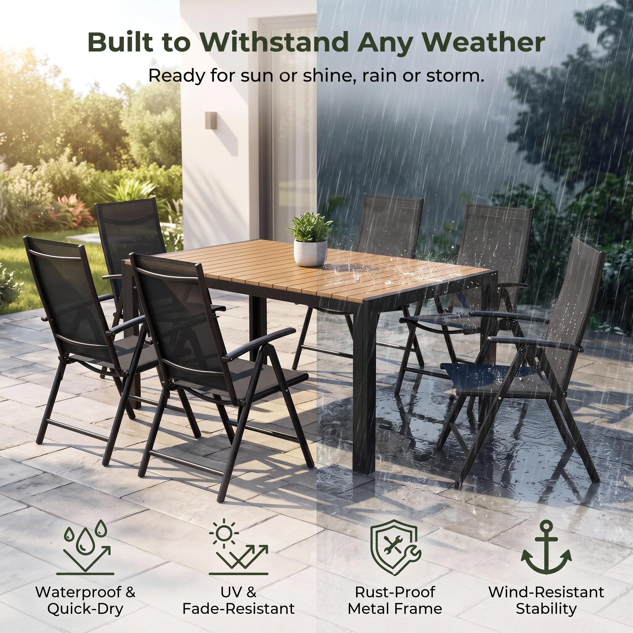 LIFERUN Gartenmöbel Set 6 Stühle mit Tisch Wetterfest, Aluminiumrahmen | WPC Gartentisch 140x90x75 cm, Verstellbare Hochlehner Klappstühle, Stabiler, Pflegeleicht, Outdoor Essgruppe Sitzgruppe
