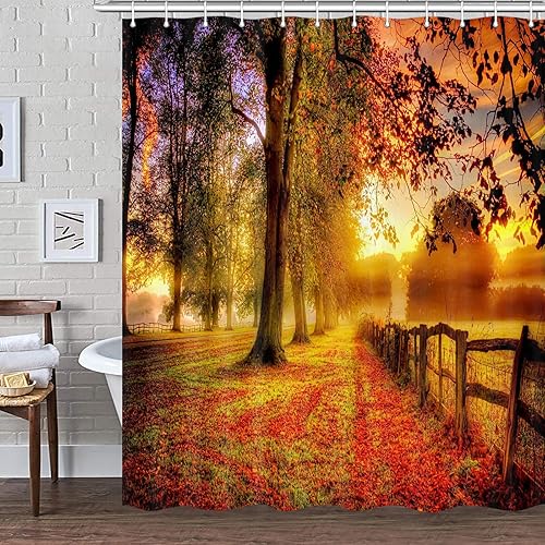 Miniatura 2 de Juego de cortinas de ducha para decoración de otoño, bosque de otoño, hojas doradas, casa de campo, tela de poliéster, accesorios de baño, con