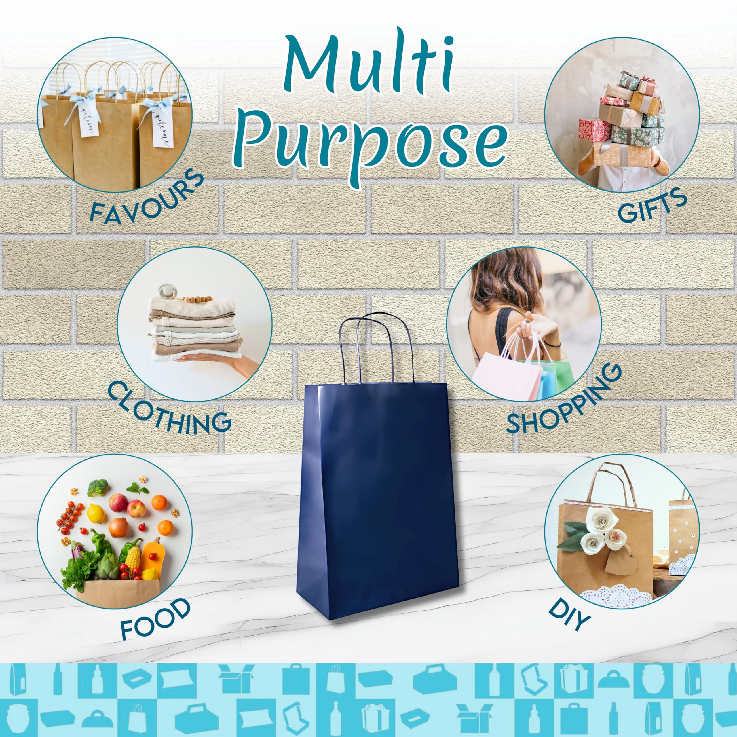 50 bolsas de regalo de papel kraft azul oscuro 32 x 12 x 42 cm – bolsa de regalo con asas retorcidas, ideal para envolver regalos, celebraciones, Navidad, boda, fiesta