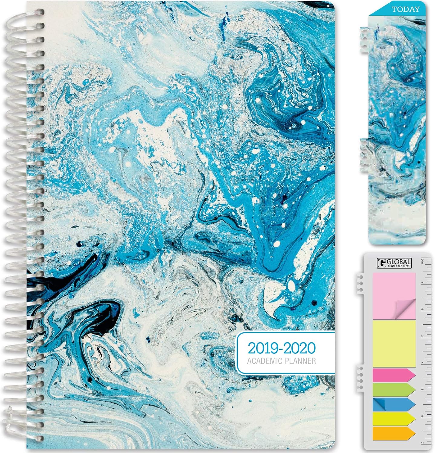 HARDCOVER Academic Planner 2019-2020: (June 2019 Through July 2020) 5.5"x8" Daily Weekly Monthly Planner Yearly Agenda. Bonus Bookmark, Pocket Folder and Sticky Note Set (Blue Marble)