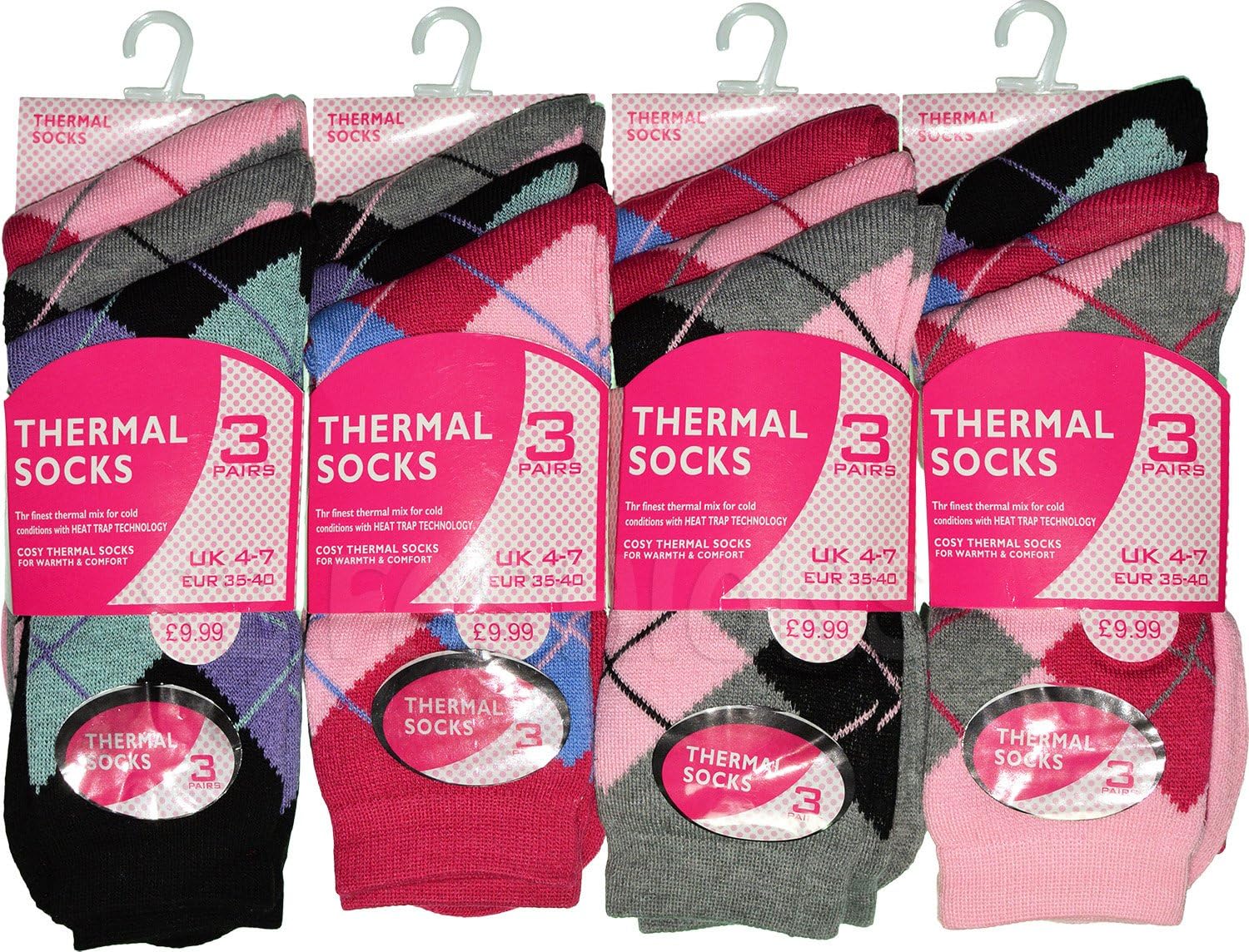Womens Thermal Socks Ladies Winter Sock Pattern Assorted Colours Size 4-7 UK Pack of 12 Pairs (Assorted Diamond Pattern)