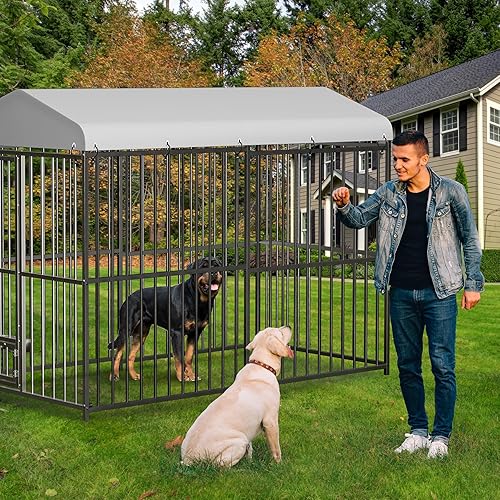 Miniatura 7 de Perrera para perros grandes, 8 x 4 x 6 pies, valla resistente para perros con cerradura, recintos para perros con cubierta de techo impermeable