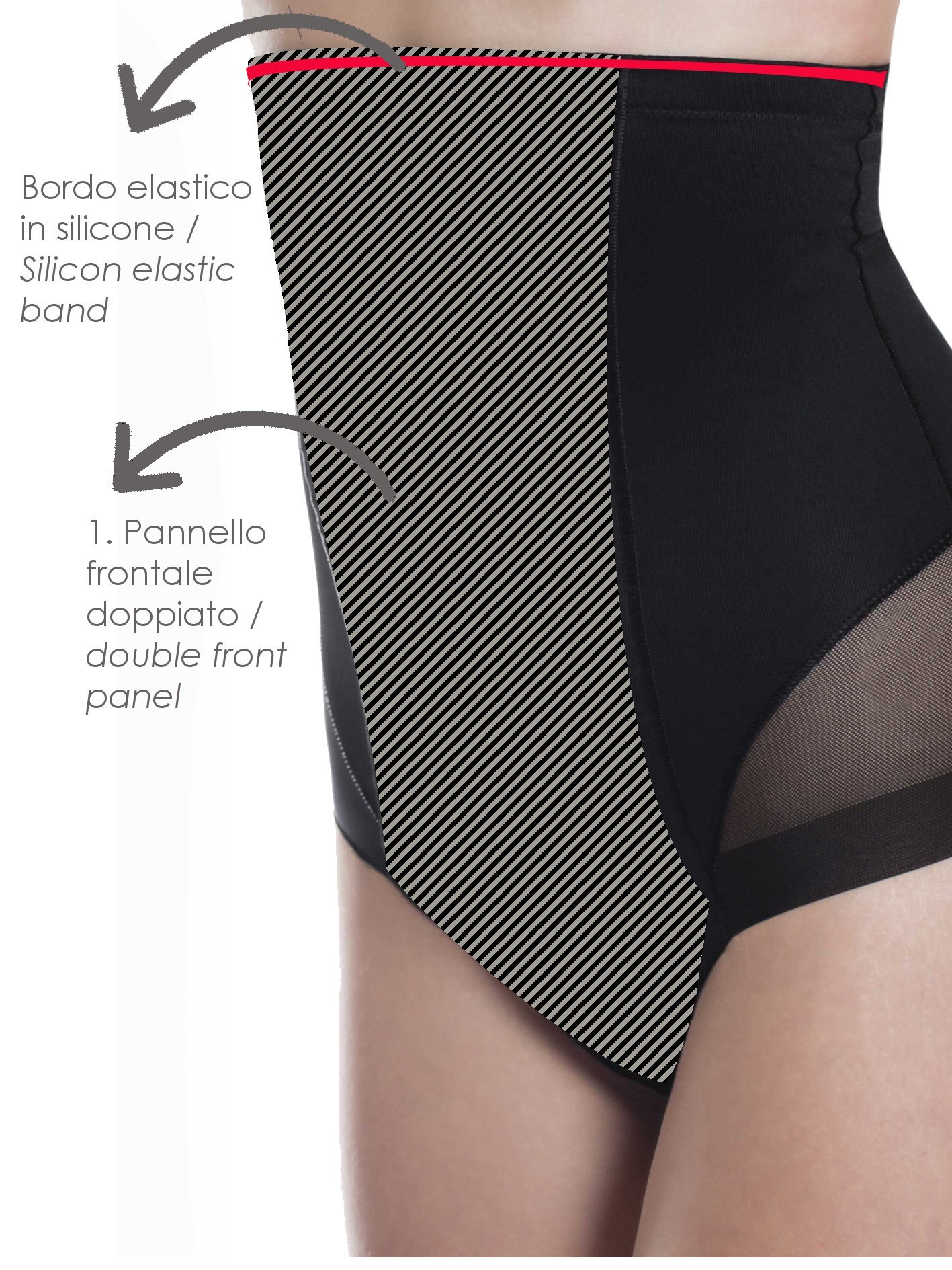 Lady Bella P0204 Guaina Contenitiva Modellante Donna a Vita Alta Bordo in Silicone Antiscivolo Pannello Frontale Doppiato per Pancia Piatta - Trasparenze in Tulle per Effetto Tanga Sexy