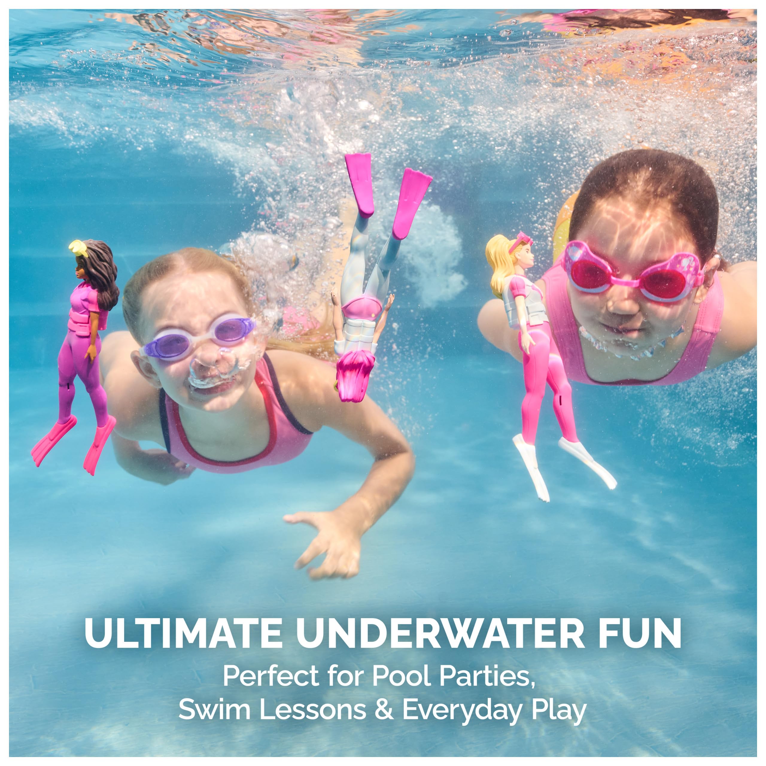 SwimWays Barbie - Confezione da 3 personaggi subacquei, accessori per piscina e giocattoli da piscina per bambini, forniture per feste in piscina e giocattoli acquatici per bambini dai 5 anni in su