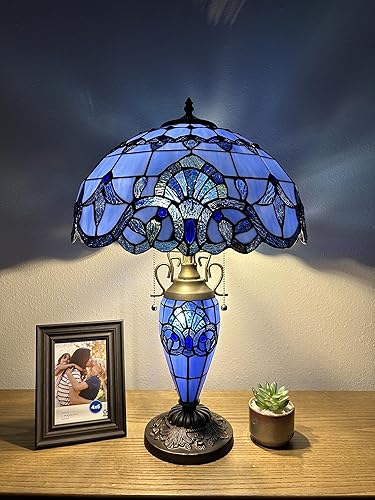 Tiffany - Lámpara de mesa con vitrales azules, estilo barroco, lavanda, incluye bombillas LED madre e hija, jarrón vintage para sala de estar,