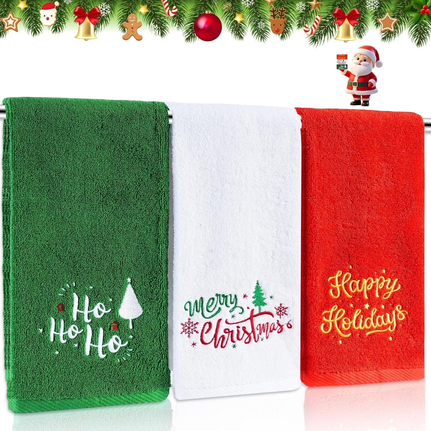 Embroidered Christmas Towels, 3-Pack Towels Gift Set, 14" x 30" Bathroom Decorative Towel Washcloths Kitchen Merry Christmas Towel, Premium, Soft, Durable, Absorbent Perfect X-Mas Decor
