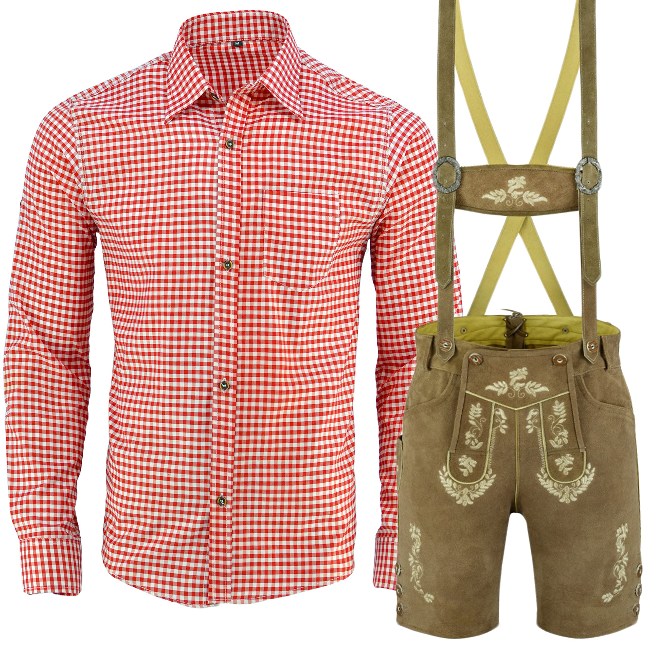 Trachten Set Herren Trachtenset Trachtenlederhose Kurz mit Hosenträger Trachtenhemd Blau-weiß-kariert oder Rot-weiß-kariert Gr.46-60 LE30