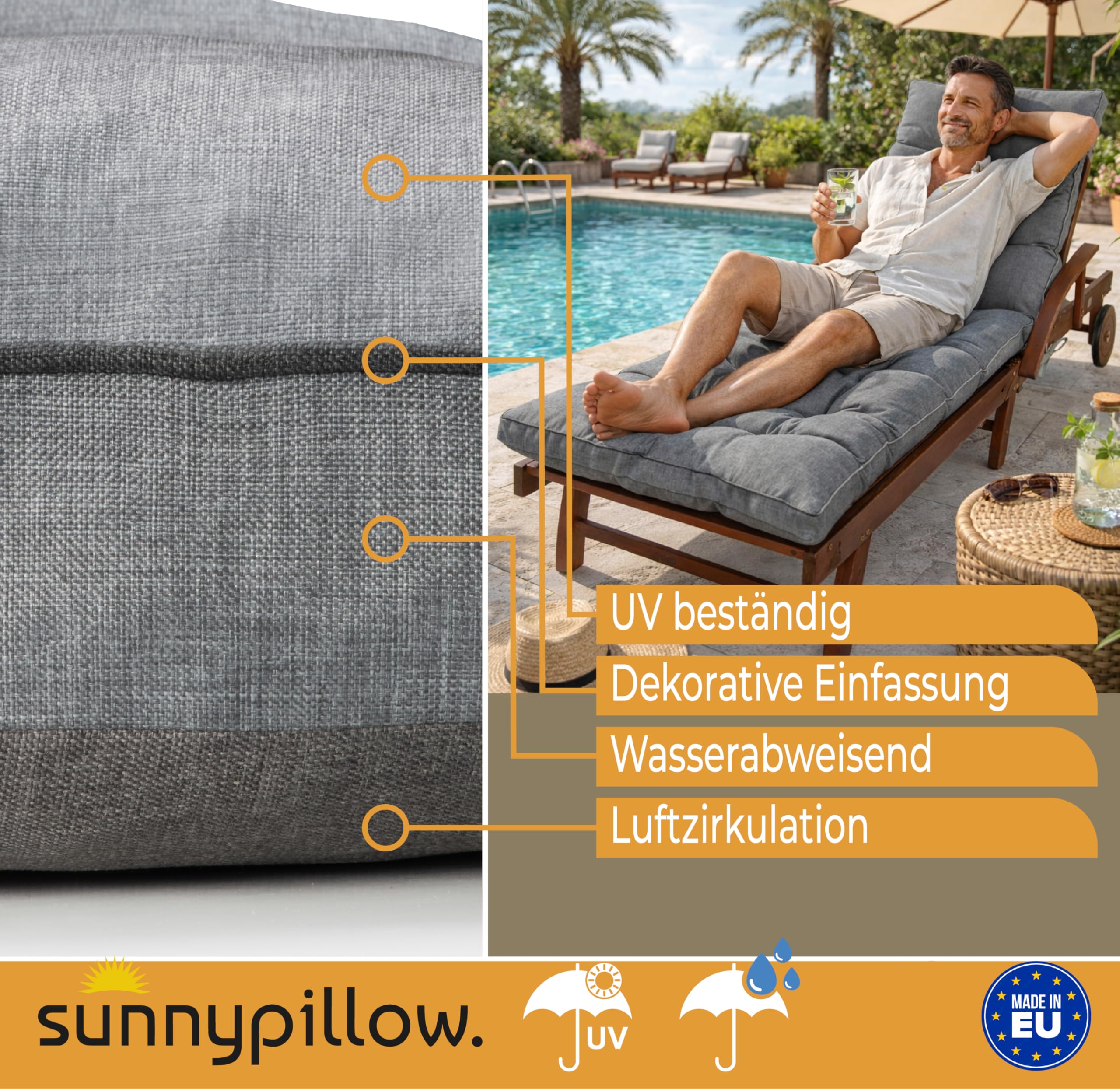 sunnypillow Liegenauflage 200x60, Auflage für Gartenliege 13cm dick Grau