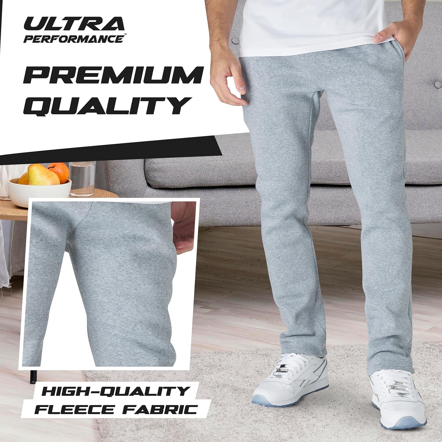 Ultra Performance 3 Pack Mens Fleece Wide Leg Sweatpants with Pockets, Open Bottom Workout Sweatpants for Men - Image 4