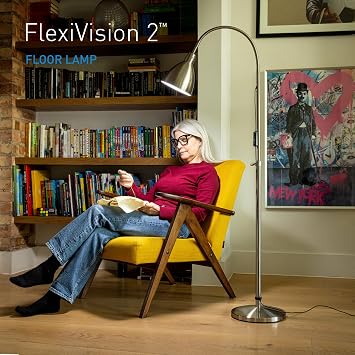 Daylight FlexiVision 2TM LED Floor Lamp 3,500 Lux at 12, 5 Brightness Levels, 3 Color Temperatures, 95+ CRI, Adjustable Arm & Swivel Head, Anti-Tip Base, Low Vision Aid Brushed Steel