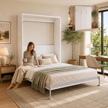 Queen Murphy Bed, Space Saving Folding Wall Bed with Hydraulic Lift System, Vertical Murphy Bed Queen, Heavy Duty 1100 LBS Frame for Guest Room Living Room, White