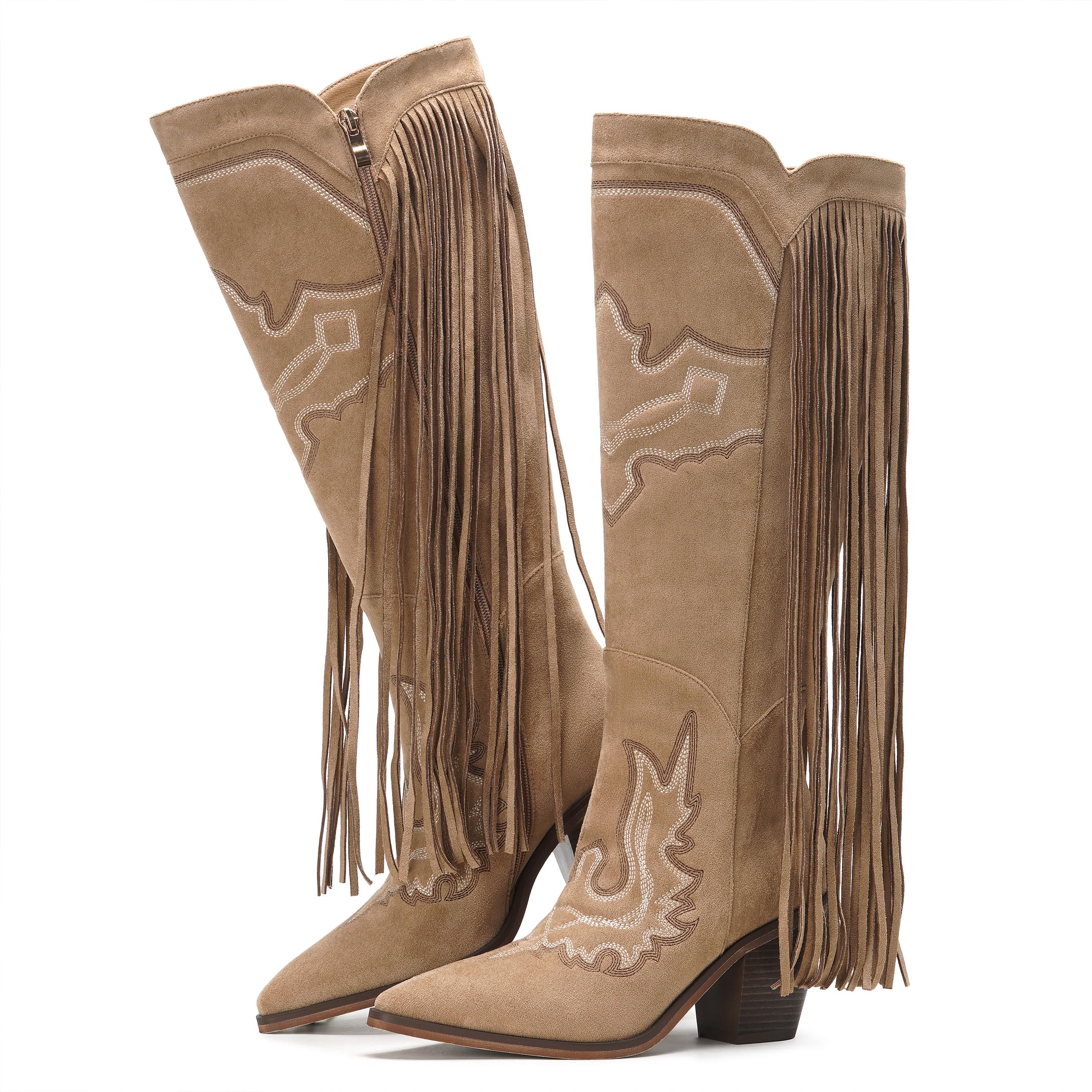 Womens Cowgirl Boots Knee High Fringe Western Cowboy Boots Embroidered Tassel Retro Bootie