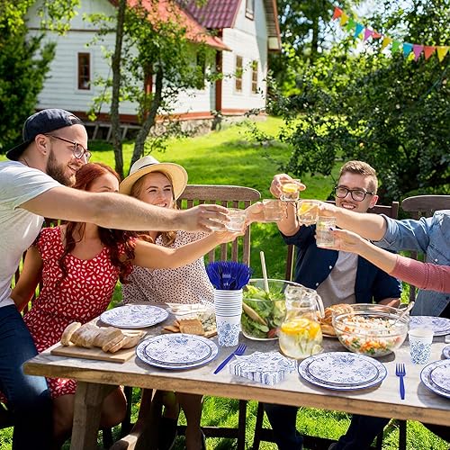 Miniatura 7 de durony Juego de vajilla desechable de 144 piezas de flores azules y blancas de 9 pulgadas, 7 pulgadas, elegantes platos de papel floral azul,