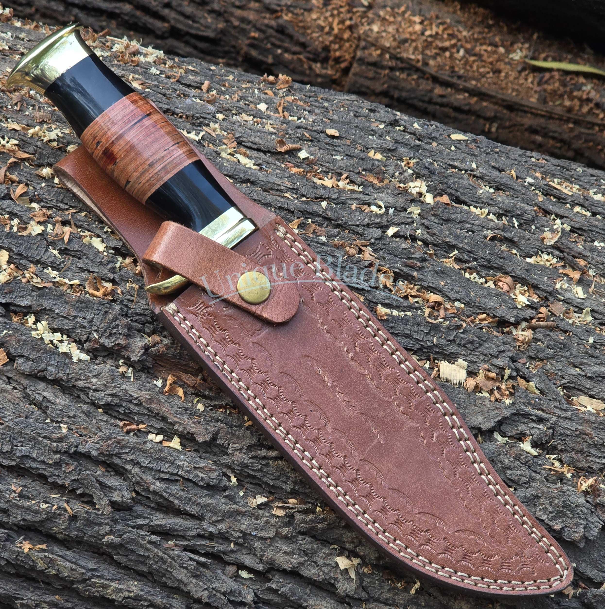 Jagdmesser mit Scheide, 1095 Stahl, Hochglanz Full-Tang, Micarta-Messinggriff, Feststehende Klinge