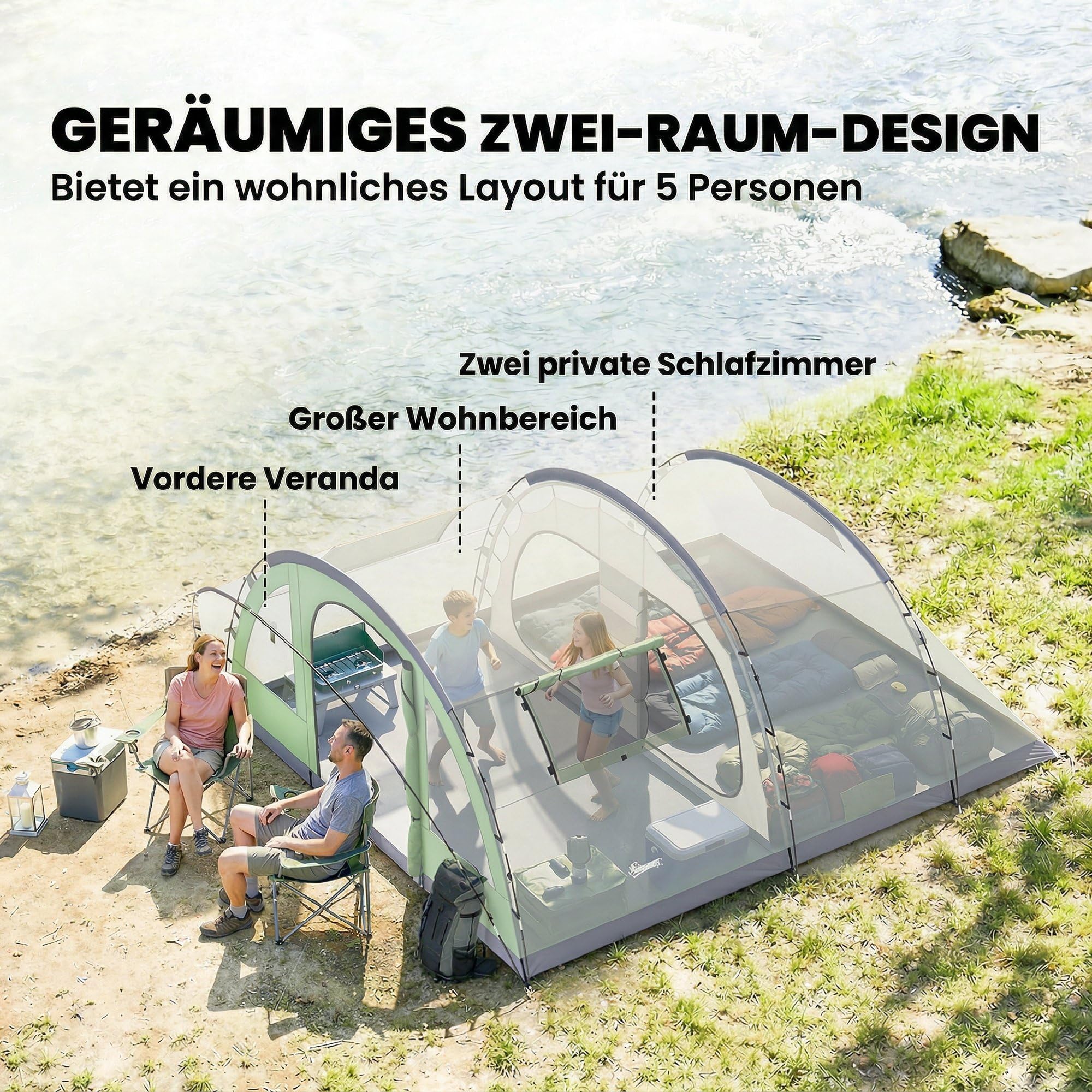 Outsunny Tunnelzelt 5 Personen Familienzelt mit 2 Schlafkabine Vorzelt 4 Fenstern Bodenplane Stehhöhe 3000 mm Wassersäule wasserdicht Campingzelt mit Tragetasche Camping Zelt für Cmping Hellgrün