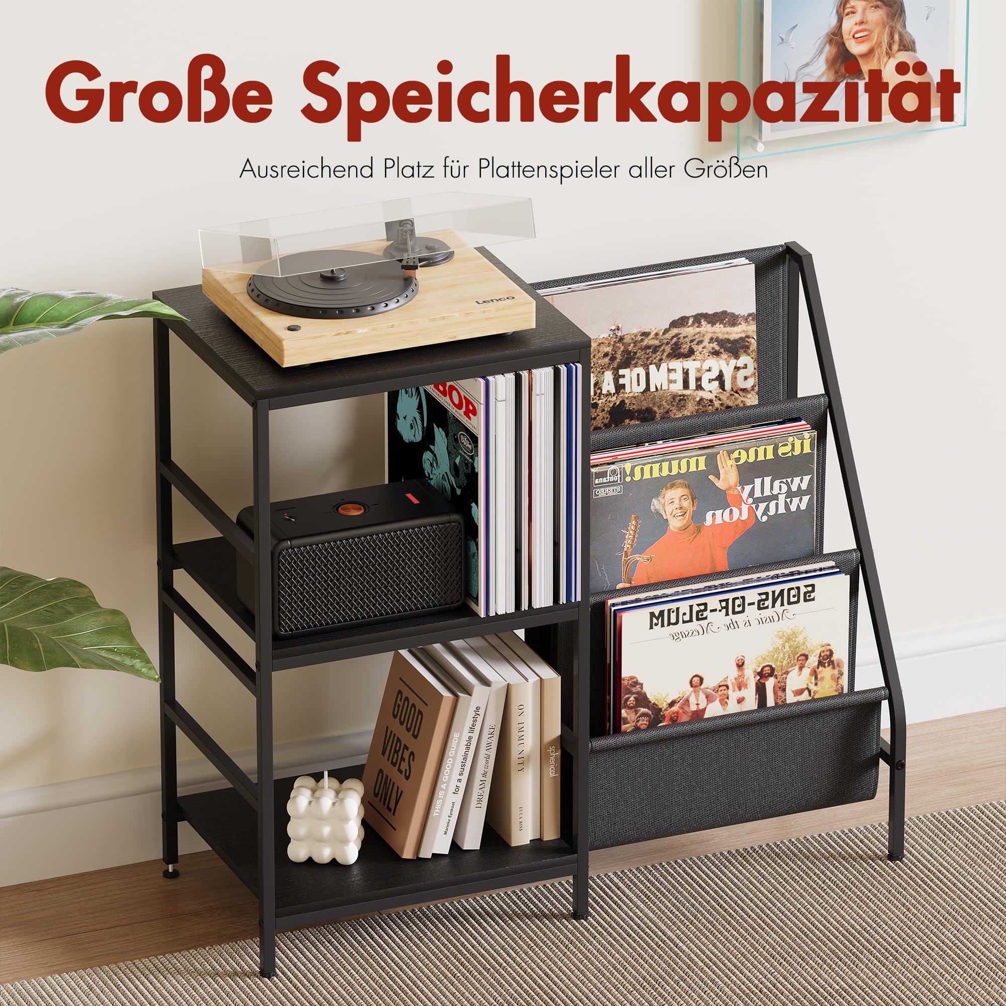 Plattenspieler-Ständer mit Schallplattenregal, Vinyl-Aufbewahrung für LPs, Mehrstufiger Schallplattenständer aus Metall, Industrie-Design für Wohnzimmer (Schwarz 2)