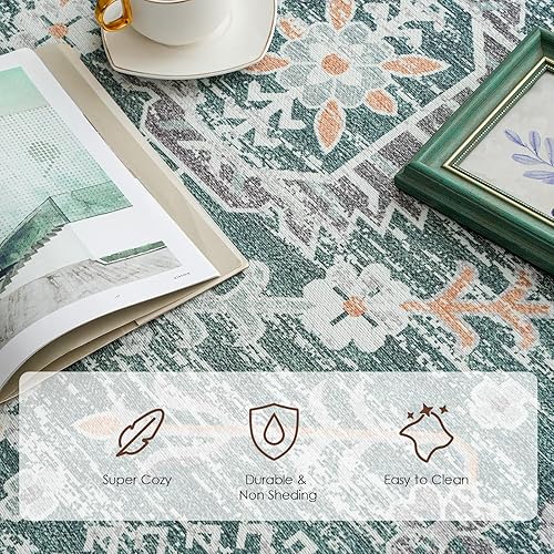Miniatura 7 de Alfombra lavable de 4 x 6, diseño vintage, lavable a máquina, parte trasera antideslizante para sala de estar, dormitorio, alfombra lavable verde