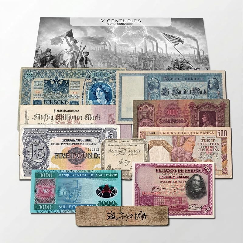 Colección exclusiva de 10 billetes antiguos originales de 4 siglos diferentes con certificado de autenticidad | Tesoros desmonetizados numismáticos genuinos y raros