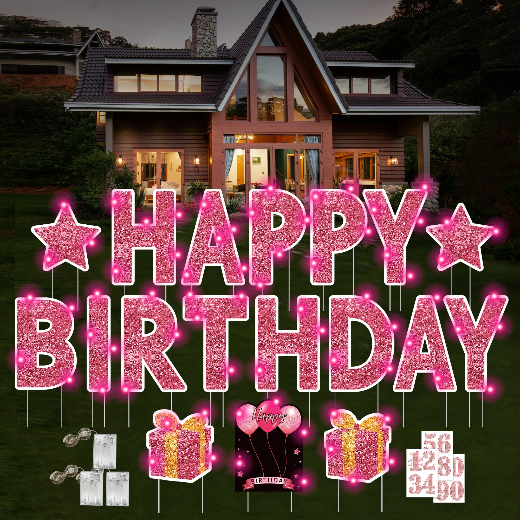 18 Pcs Happy Birthday Yard Sign with Stakes, Pink Happy Birthday Yard Sign with 49.2 Ft LED Light, 16 In Large Personalized Happy Birthday Sign,