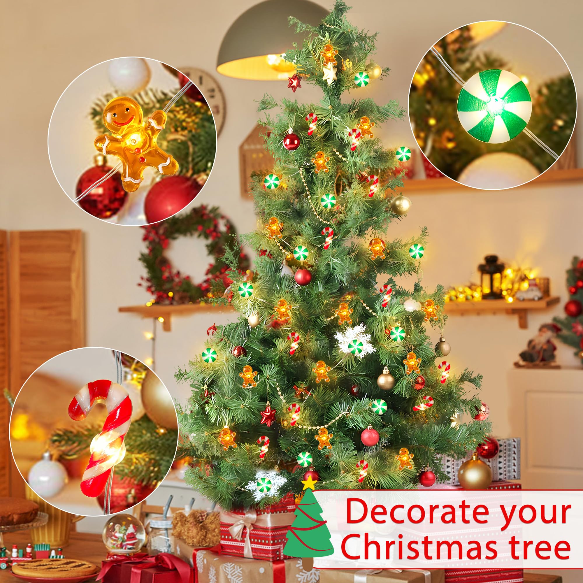 [Timer] 10 FT 30 LED Christmas String Lights Decorations Gingerbread Man Candy Cane Candy Fairy Lights Battery Operated Christmas Lights Holiday Xmas Gifts Christmas Decoration Indoor Tree Decor