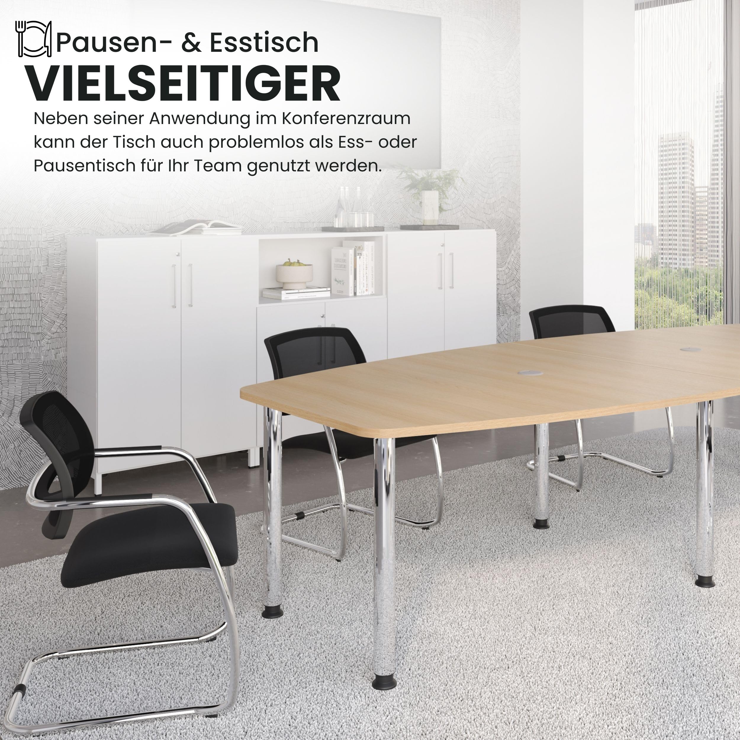 bümö Konferenztisch oval 400x130 cm großer Besprechungstisch in Eiche, Besprechungstisch mit Gestell in Silber, Meetingtisch für 14 Personen, XXL-Tisch für Besprechungsraum & Meeting