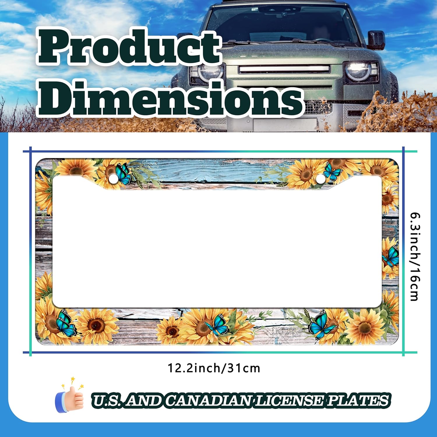 Blue Butterfly Sunflower License Plate Frame 2 Pack Wooden Board Flowers Animals License Plate Holder for Front or Rear Car Tags Stainless Steel Funny Car Decoration with Screws 6.3 X 12.2 in