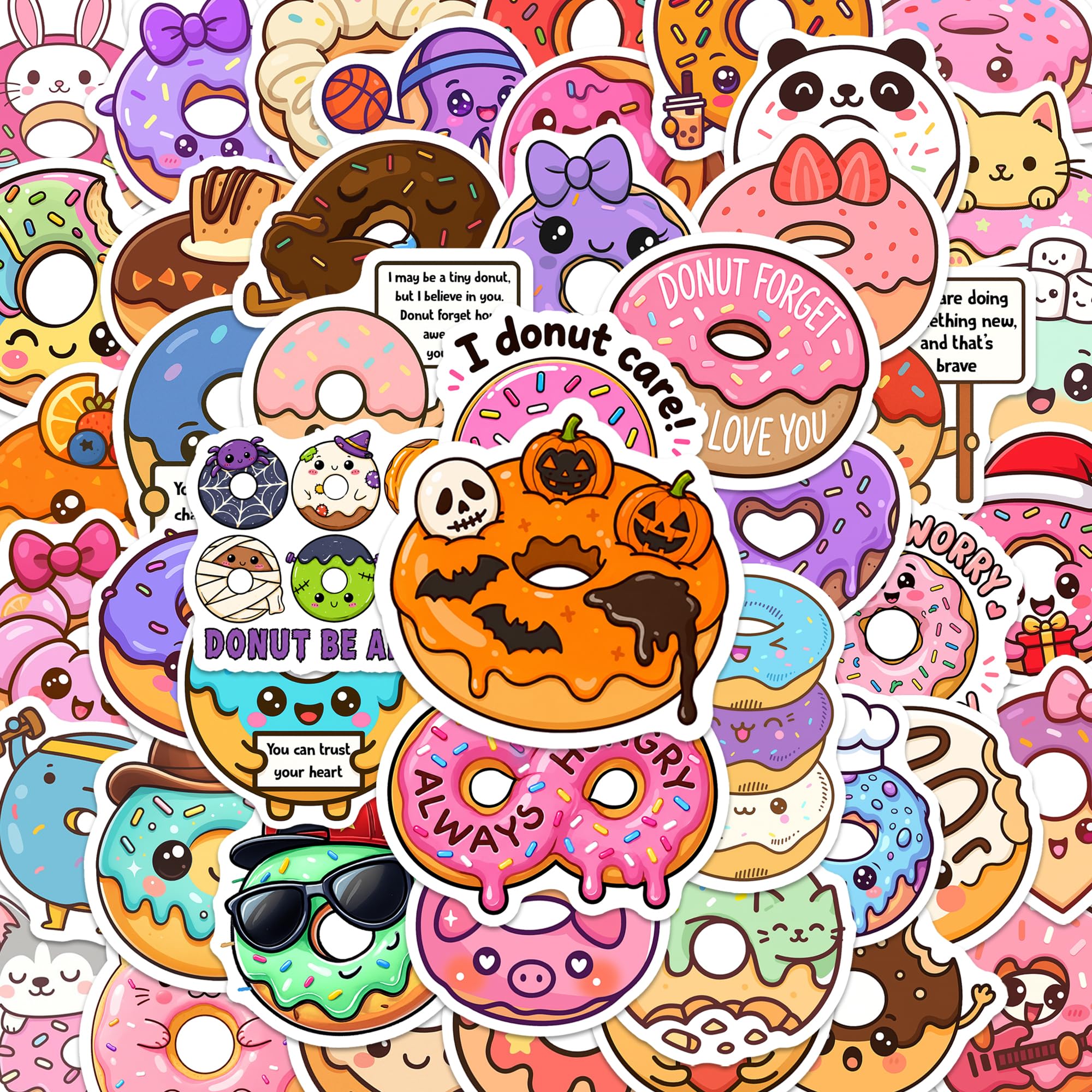 BEATRI Donut Stickers 50 Pcs Waterproof Vinyl Positive Food Donut Decor | Non-Repeating Decals, High-Definition Print for Laptop, Luggage, Water Bottle, Journaling & Travel Gear