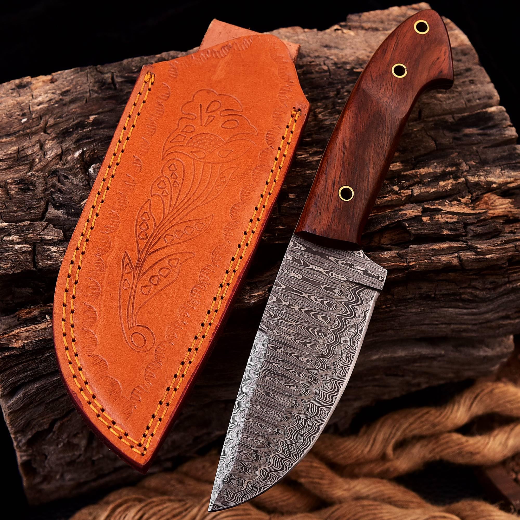 Damast Jagdmesser schöne Klingenmaserung Damast Stahl mit Lederhülle MAQ1302