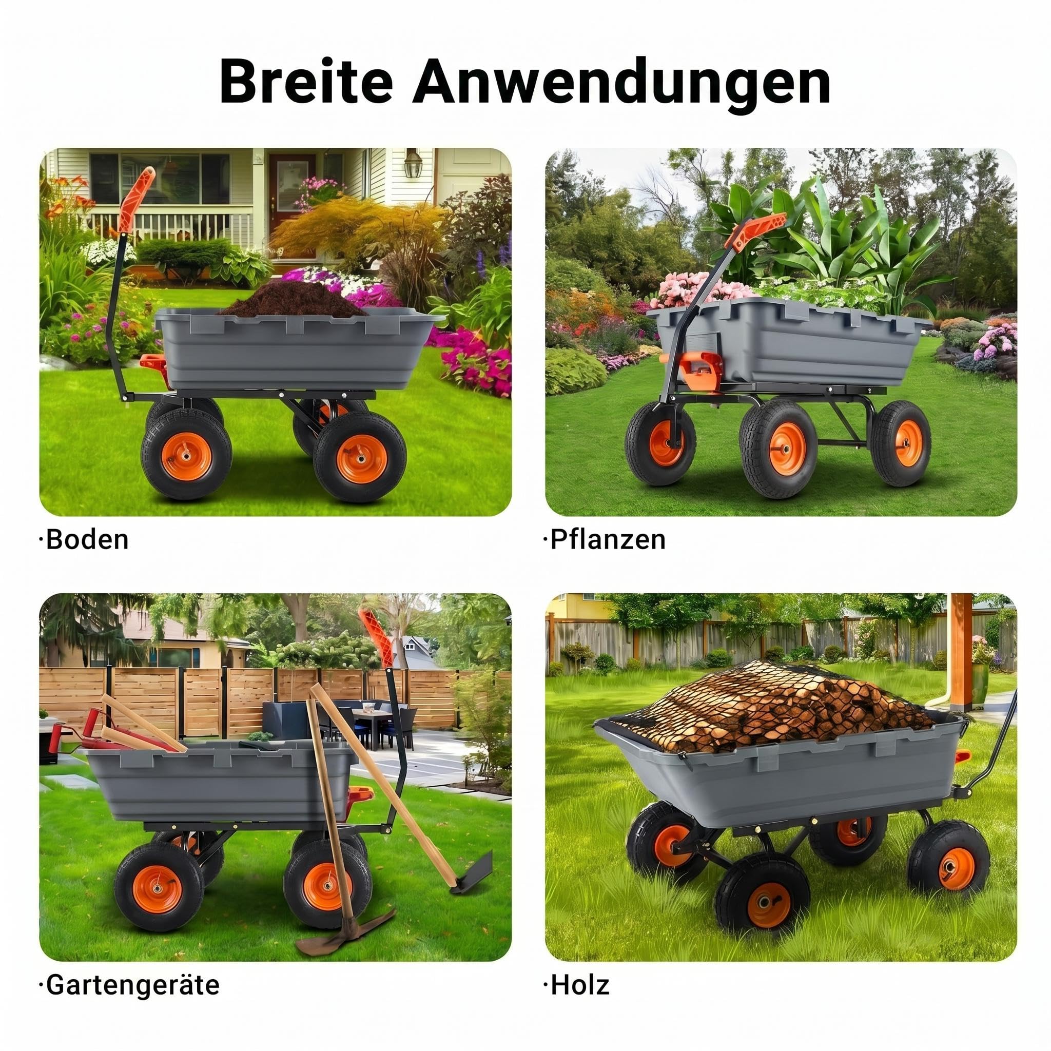 Gartenwagen mit Kippfunktion, Transportwagen für 408 kg | Zuladung, Mehrzweck Schubkarre mit 10 Zoll Luftlose Reifen, Einfache Montage und Langzeitiges Outdoor