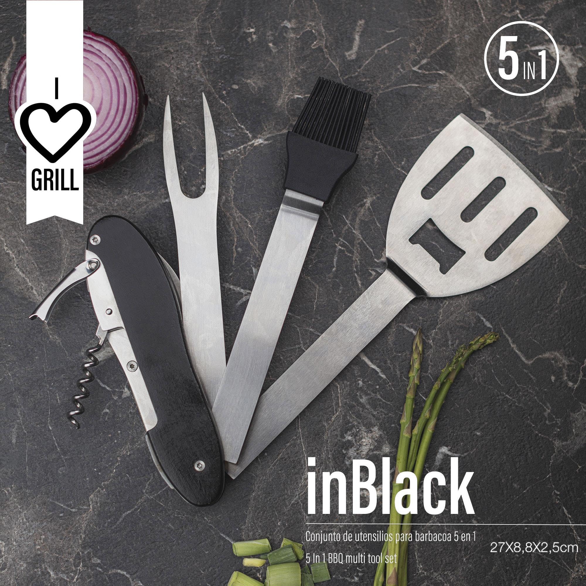 Well Home Barbacoa de 3 patas con Parrilla cromada en color negro 32x33x55cm + Set de Utensilios 5 en 1 para barbacoa Negro