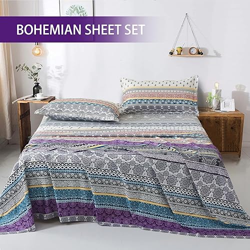 Miniatura 3 de Juego de sábanas bohemias de 4 piezas tamaño Queen con bolsillo profundo de 14 pulgadas de profundidad con mandala tribal indio floral retro (1