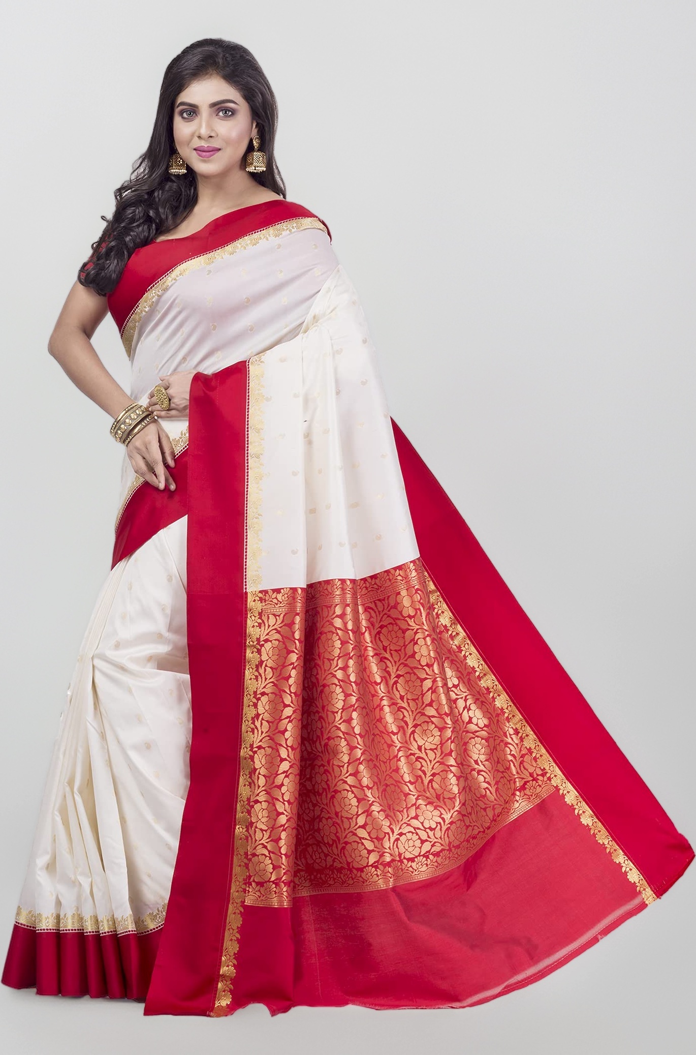 DipDiya Women Art Silk Traditional Bengali Lal Par Kanjivaram Saree with Blouse Piece (White Red)