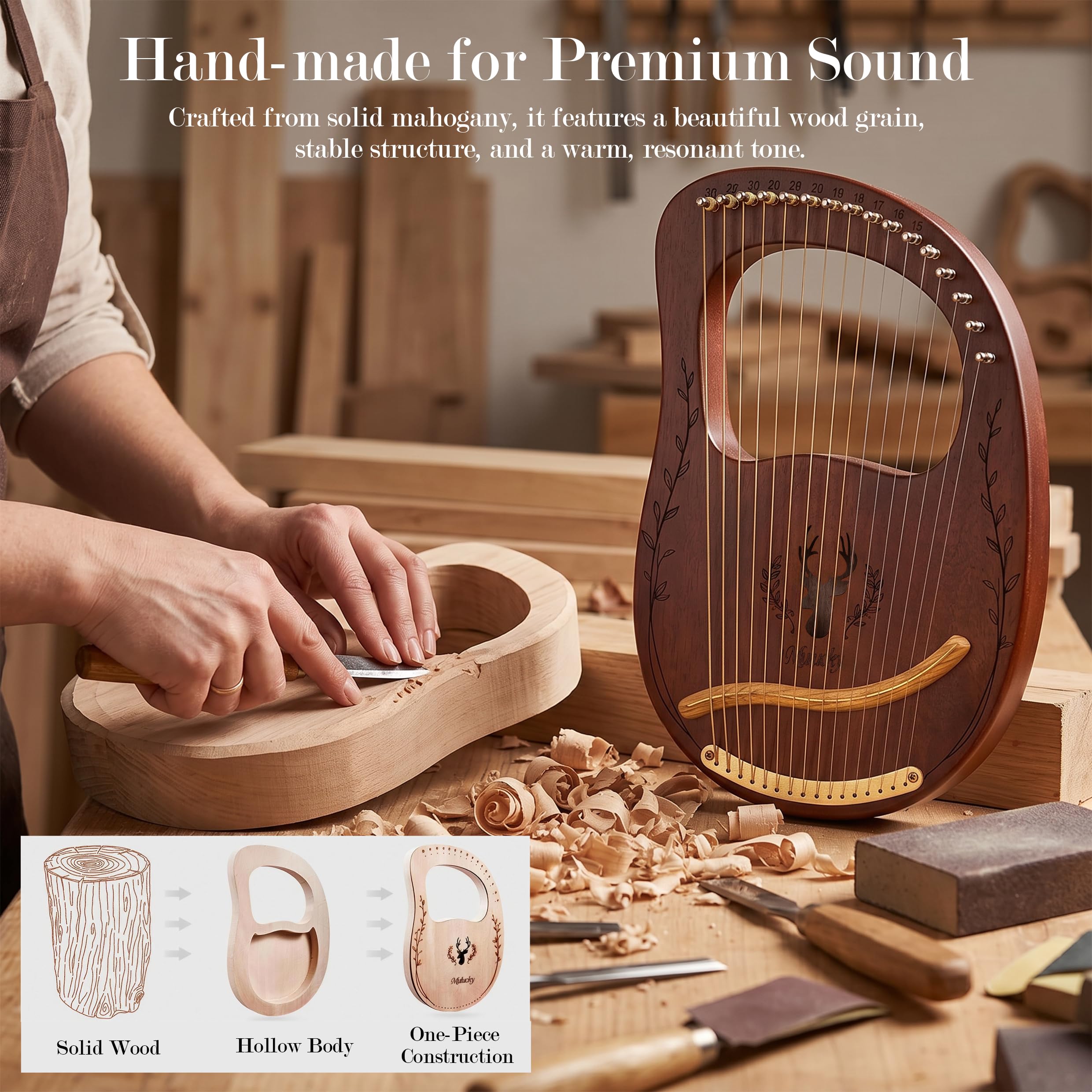 Mulucky Arpa a 16 corde, in mogano, kit di strumenti musicali a corda con custodia per chiavi di accordatura, corde extra per principianti