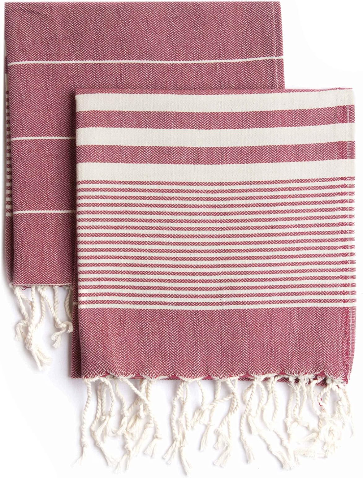 Ahenque 100% Cotton Turkish Hand Towels Set of 2, Quick Drying Boho Striped Tea Towel/Dish Clothes with Tassel(Red)