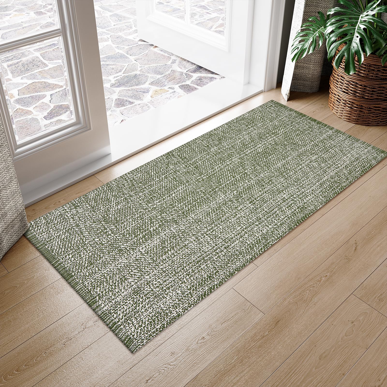 LEEVAN Washable Kitchen Rug 2' x 4.3', Green Bathroom Runner Rug, Reversible Small Hallyway Rug, Farmhouse Low Profile Front Door Mat, Modern Bedroom