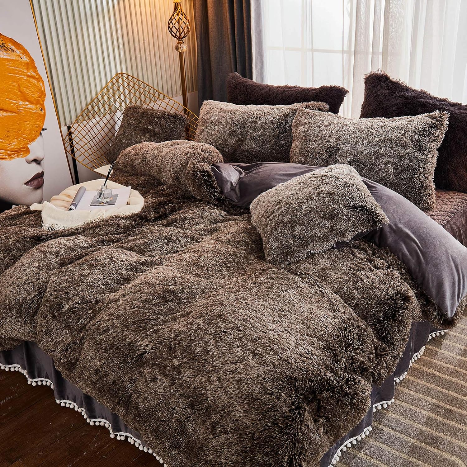 Super Brands LIFEREVO 3 Pieces Shaggy Duvet Cover Set Luxury Velvet Marble Print Color Variation Soft Faux Fur Bedding Set (King Turquoise)