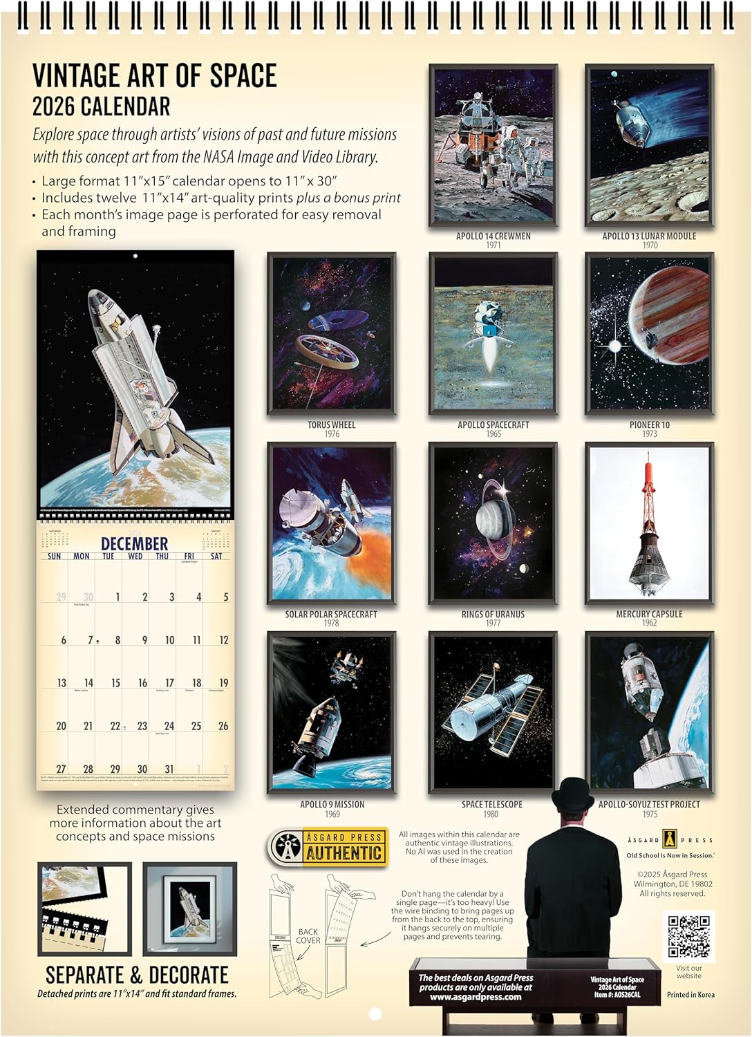 Asgard Press 2026 Vintage Art of Space Deluxe Wall Calendar, 16 Months, Frame-Ready NASA Concept Art Prints with Commentary, 11”x30” (Size When Open)