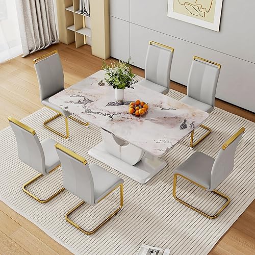 Miniatura 2 de Juego de 6 sillas de mesa de comedor para 6, juego de 6, moderno juego de comedor con mesa de comedor de mármol de 63 pulgadas, sillas tapizadas de