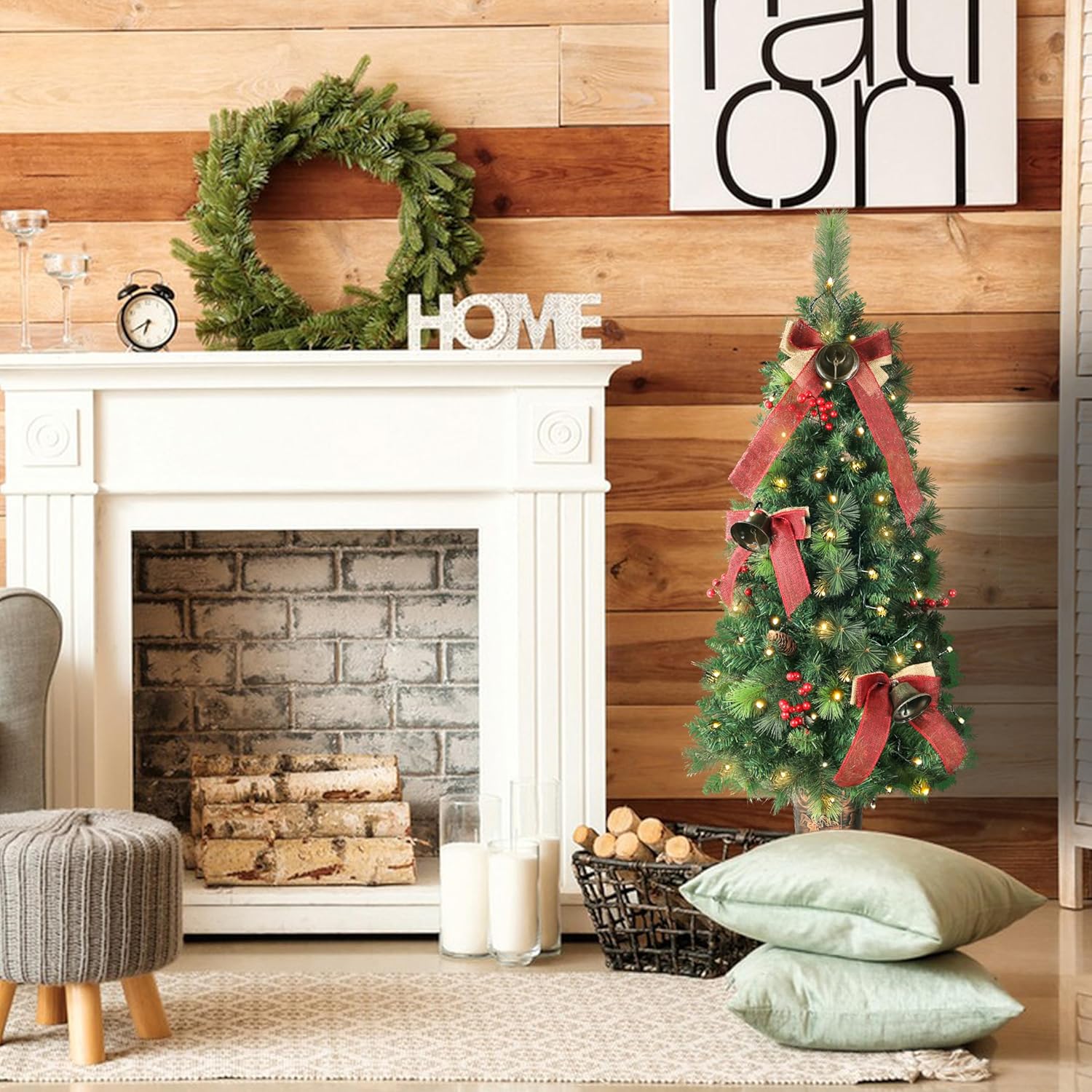 4ft Pre-Lit Christmas Tree,Potted Artificial Pine Xmas Tree 226 Branches Tips,Decorated with 100 LED White Lights & 6 Red Berries & 6 Pinecone & 4 Bow Tie & 4 Bell for Home or Office